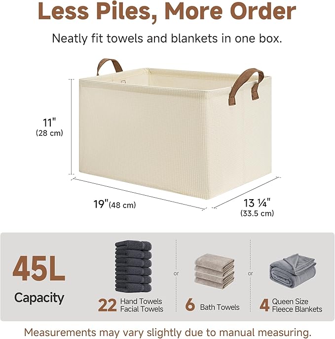 StorageWorks Storage Bins, Shelves Baskets for Organizing, 45L Extra Large Fabric Closet Organizers with Handles, Metal Frame, Beige(Texture), 2-Pack