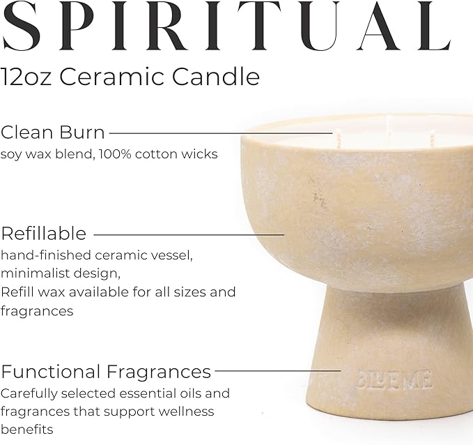 BLUEME Spiritual - Palo Santo & Vetiver, Luxury Candle w/Essential Oils, 3 Wick, Hand-Poured Soy, Cotton Wick, Ceramic