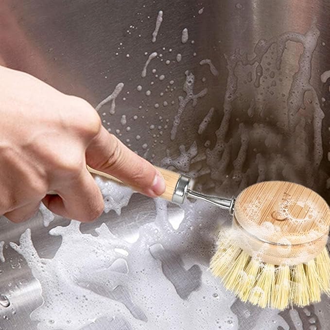 Bamboo Dish Brush with Handle 4 Replacement Heads, Eco-Friendly Potato Scrubber, Compostable & Sustainable, Bamboo Dish Scrubber Brush for Cleaning Kitchen Utensils(Soft Bristles)