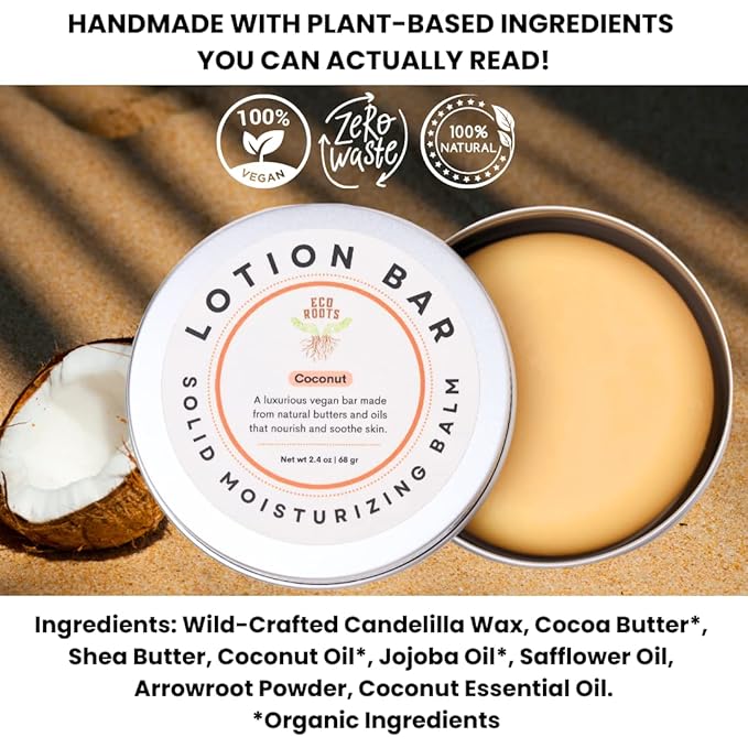 ECO ROOTS Eco Lotion Bar for Dry Skin – Natural Solid Moisturizer with Candelilla Wax & Coconut Scent, Travel-Friendly, Zero Waste, Long-Lasting Hydration