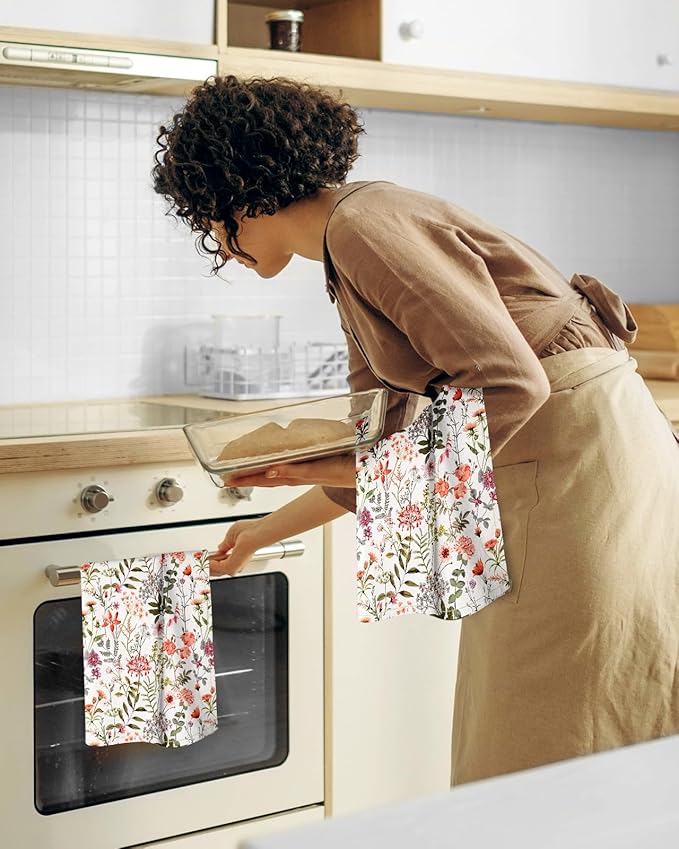 Flour Sack Kitchen Towels Set of 2-18x26 Cotton Dish Towels with Hanging Loop Reusable Tea Towel for Cleaning Spring Absorbent Dishcloths Cute Home Decor Housewarming, Flower Shrubs