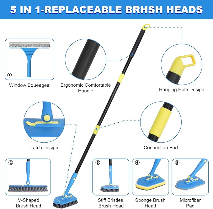 Extendable Cleaning Brush 51" with Stiff Bristles, Scouring Pad, Microfiber Pad, V-Shape Scrub Brush & Squeegee for Bathroom, Shower & Tile Cleaning