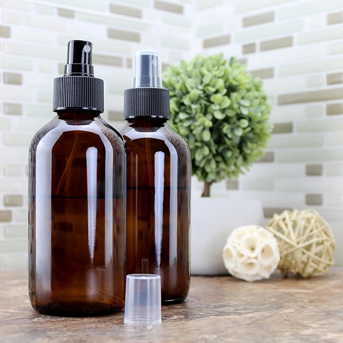 Cornucopia Brands 8-Ounce Amber Glass Fine Mist Spray Bottles (Pack of 4) Boston Round w/Atomizer Spritzers for Aromatherapy Perfume, Cologne, DIY & More