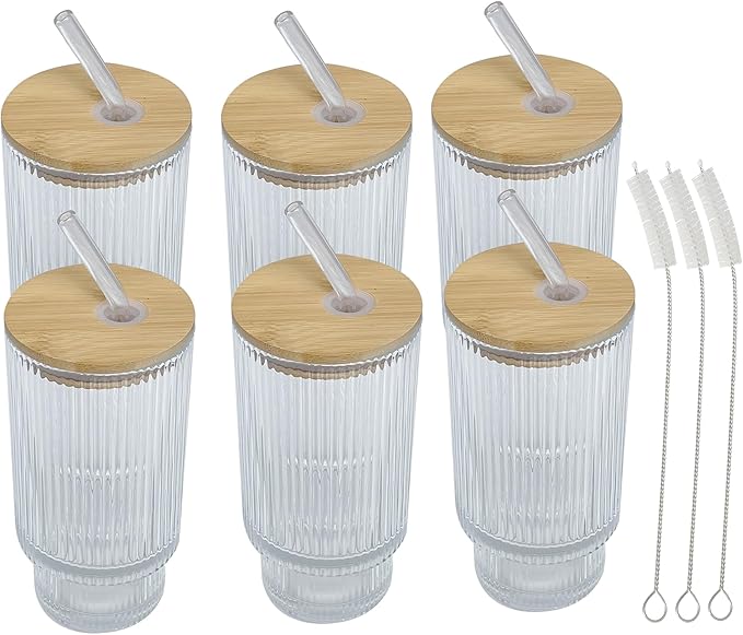 6-Pack Ribbed Glass Tumblers with Lids and Straws - 16oz Iced Coffee Cups, Reusable Glass Cups with Bamboo Lids Set for Tea, Matcha, Cocktails & Sparkling Water - Gift for Christmas, Birthdays