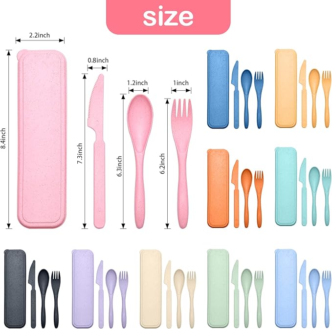 Reusable Travel Utensils Set with Case, 2 Sets Wheat Straw Portable Plastic Fork Spoons Knife Camping Cutlery, Eco-Friendly BPA Free Lunch Tableware for Kids Adults Travel Picnic Utensils
