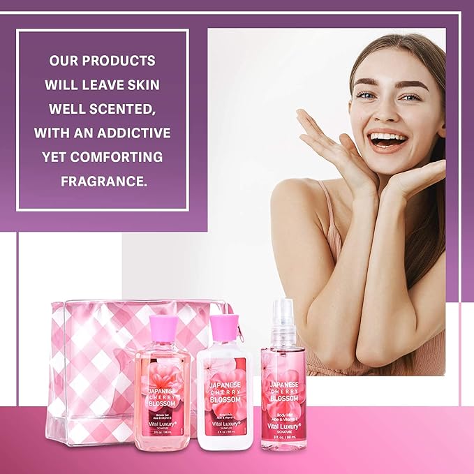 Bath & Body Care Travel Set - Home Spa Set with Body Lotion, Shower Gel and Fragrance Mist, Personal Body Care Travel Set for Birthday Christmas New Year Gifts(Japanese Cherry Blossom)