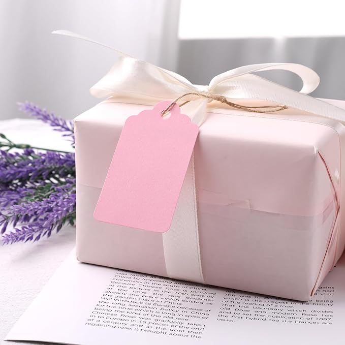 SallyFashion 120PCS Gift Tags with String 1.6 x 2.8 inch Pink Paper Hang Tags for Party Favors Baby Shower Wedding Crafts Decoration (Pink)