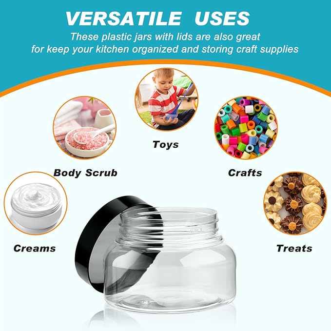 Dandat 24 Pcs 8 oz Plastic Jar Container with Lid and Label Refillable Empty Round Clear PET Cosmetic Sample Containers for Lotion, Cream, Ointments, Body Butter, Makeup, Travel Storage