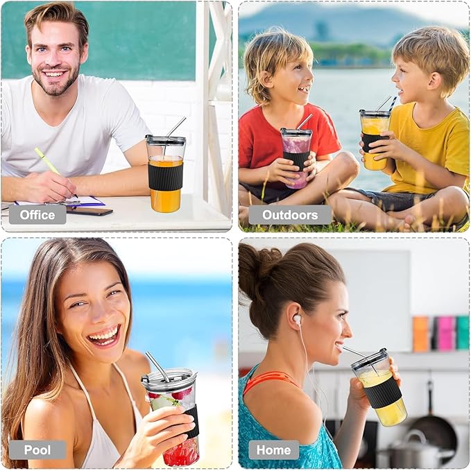 2 pcs Iced Coffee Cups with Lids, 16 oz Glass Cups with Lids and Straws, Reusable Tumbler with Silicone Sleeve, Wide Mouth Can Shaped Drinking Glasses for Coffee Juice Water Smoothie (Black)