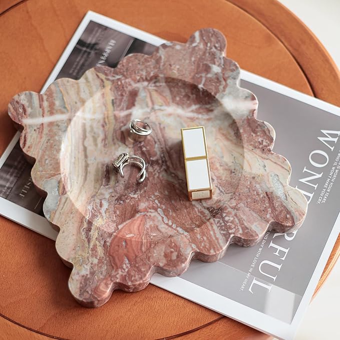 Natural Travertine Decorative Tray with Scalloped Edge, Marble Vanity Tray for Countertop Organizer, Catchall Tray for Perfume, Candles, Jewelry Dish