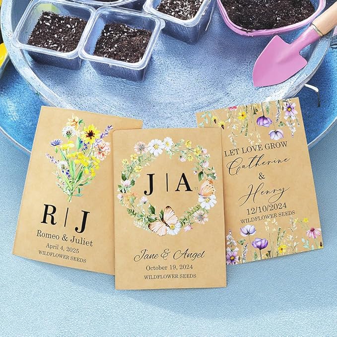 callie Personalized Wedding Seed Packet Favors, Custom Wildflower Seeds Storage with Name and Date, Kraft/White Paper Envelopes for Wedding Party Bridal Shower, 20-300 PCS
