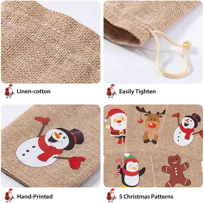 Homum 25 Pcs Christmas Burlap Gift Bags with Drawstring and Tags - 4x6 Inch Tiny Small Gift Bags for Xmas Candy and Christmas Supplies