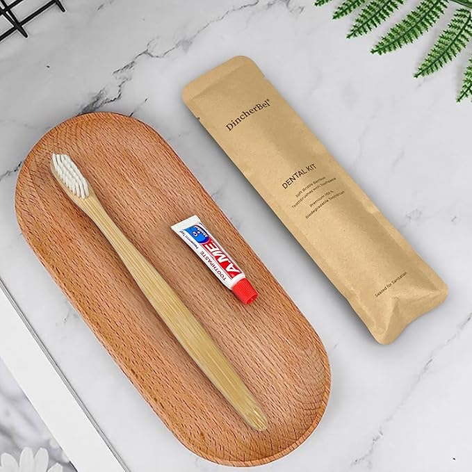 DincherBel Bamboo Toothbrushes Kit Bulk, Disposable Toothbrushes with Toothpaste(6g), Individually Wrapped Toiletries Amenities for Hotel, Airbnb, Homeless, Shelter, Camping and Travel (100 Pack)