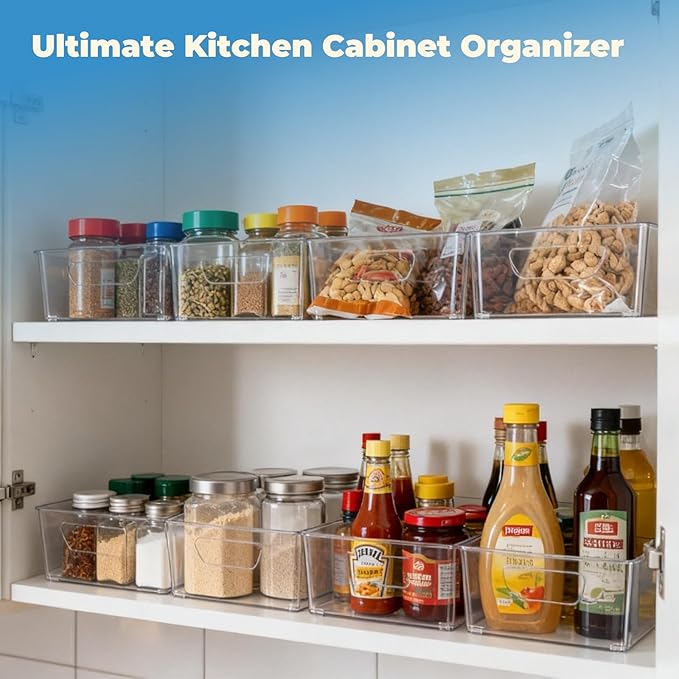 Stackable 4 Pack Pantry Storage Organizer Bins, Clear Plastic with 3 Removable Dividers, for Fridge, Snack, Organizer – BPA Free Perfect in Kitchen, Refrigerator