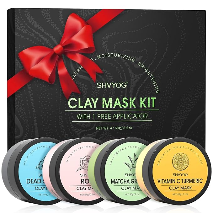 SHVYOG 4 Pcs Clay Facial Mask Set - Turmeric, Vitamin C, Green Tea, Dead Sea Mud, and Rose Clay Skin Care Mask for Deep Cleansing, Moisturizing, and Refining Pores - 240g