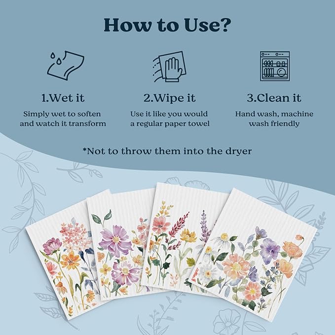 Swedish Dishcloths for Kitchen, Summer Flower Dish Rags Floral Kitchen Dish Towels for Washing Dishes, 4 Pack Reusable Paper Towels, Sponge Cloths for Home Cleaning Cooking Baking