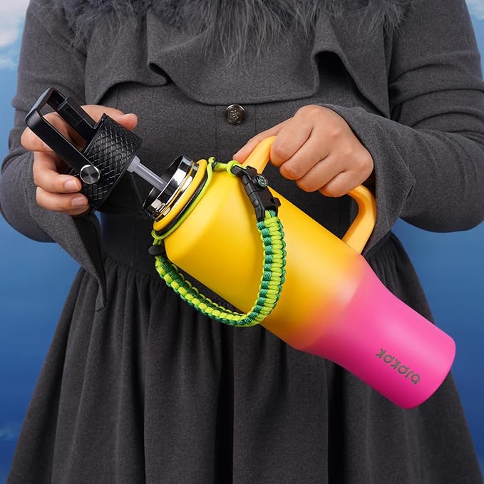 BJPKPK Insulated Water Bottles with Straw Lid, 35oz Metal Water Bottle with 2 lids & Paracord Strap, Double Wall Stainless Steel Tumbler with Handle, Reusable Cups, Mugs, Thermo, Pink & Yellow Rose