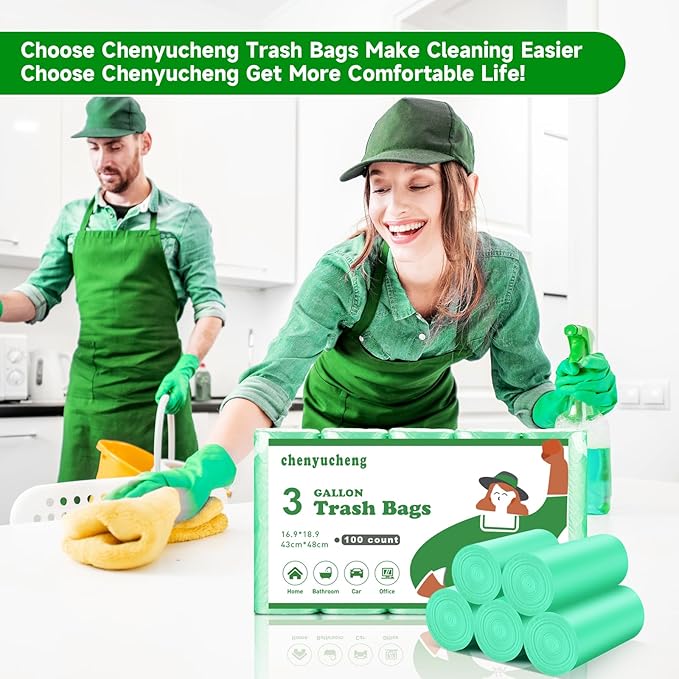 3 Gallon Small Bathroom Trash Bag - Green Mini Garbage Bags Biodegradable Kitchen Office Car Waste Basket Unscented Tiny Liners 100 Count 12 Liter Compostable Strong Thick Chenyucheng