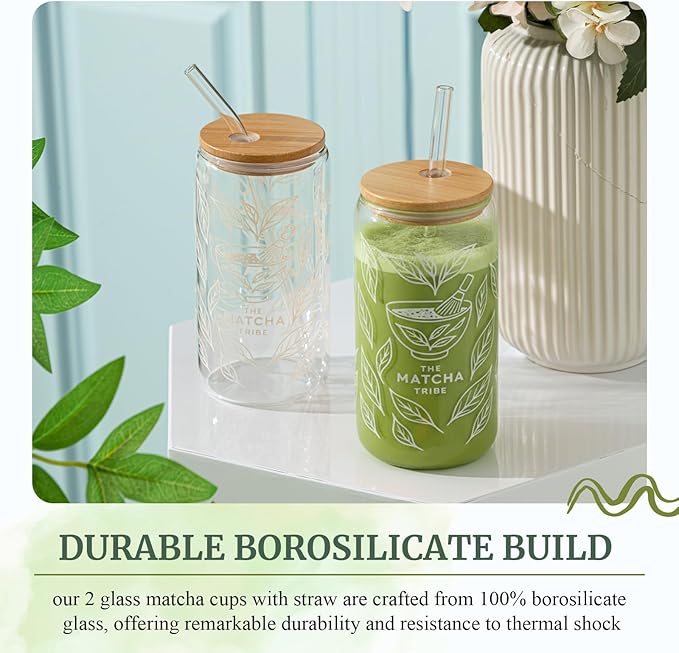 2 Set 16oz Matcha Glass Cups with Bamboo Lid and Straw 2 Brush Reusable Sealed Thick Leakproof Iced Coffee Cup Borosilicate Glass Tumble Gift for Matcha Lovers, Latte, Juice, Smoothie