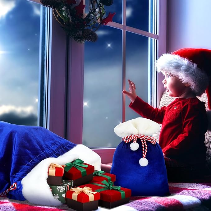 Shappy 2 Pieces Christmas Velvet Santa Bags with Drawstring in 2 Size Large Christmas Bags Santa Gift Sack for Xmas Playing Present Toy(Royal Blue)
