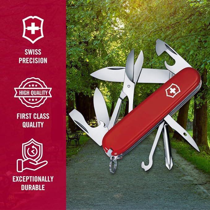 Victorinox Super Tinker Swiss Army Knife, 14 Function Swiss Made Pocket Knife with Large Blade, 2 Screwdrivers and Multipurpose Hook - Red