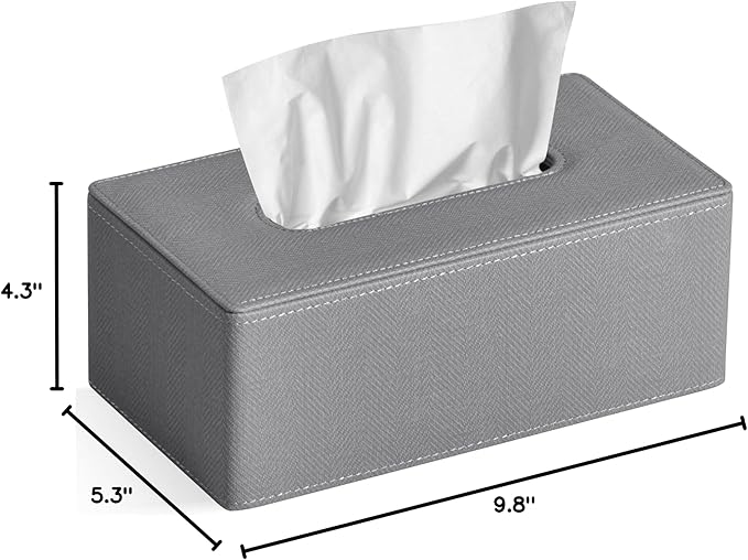 Tissue Box Cover Rectangular 9.8"(L) x 5.3"(W) x 4.3"(H) Refined Modern PU Leather Facial Tissue Dispenser Box Holder for Dresser Bathroom Decorative (Linen Grey)