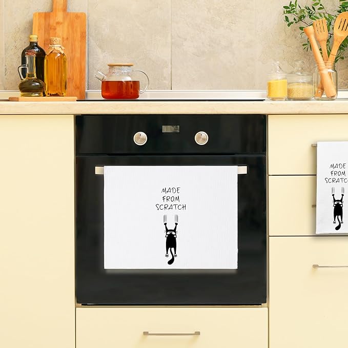 Funny Kitchen Dish Towels, Made from Scratch Dishcloths, Trendy Kitchen Decor, Funny Black Cat Hand Towel Gifts for Cat Lovers, Cute Housewarming Gifts for Women Hostess Housewife Friend
