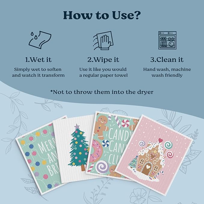Swedish Dishcloths for Kitchen, Christmas Xmas Tree Gingerbread Winter Kitchen Dish Towels for Washing Dishes, 4 Pack Reusable Paper Towels, Sponge Cloths for Home Cleaning Baking Cooking