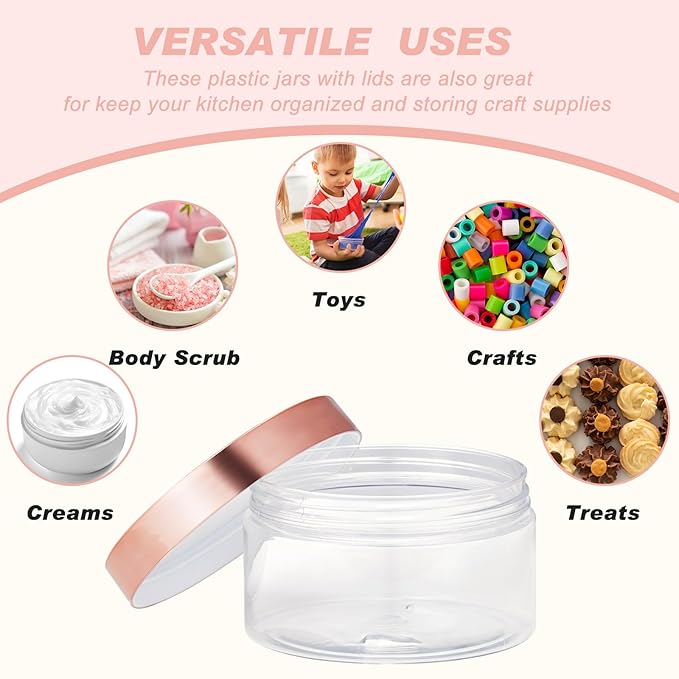 Dandat 24 Pcs 8 oz Plastic Jar Container with Lid and Label Refillable Empty Round Clear with Rose Gold PET Cosmetic Sample Containers for Lotion, Cream, Ointments, Body Butter, Makeup, Travel Storage