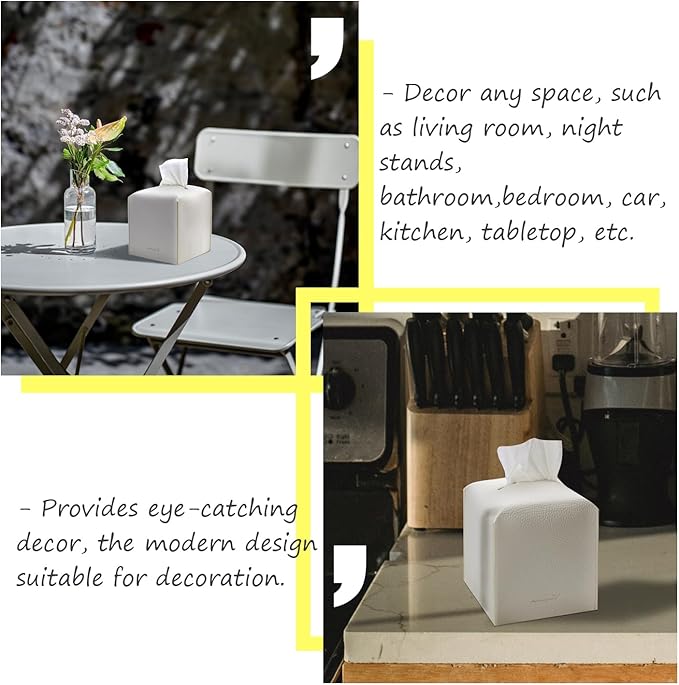 Tissue Box Cover 5X5X5'' PU Leather Tissue Holder Square Tissue Cube Box Organizer for Bathroom Vanity Countertop, Car, Night Stands, Office, Home, Kitchen (1Pack, White)