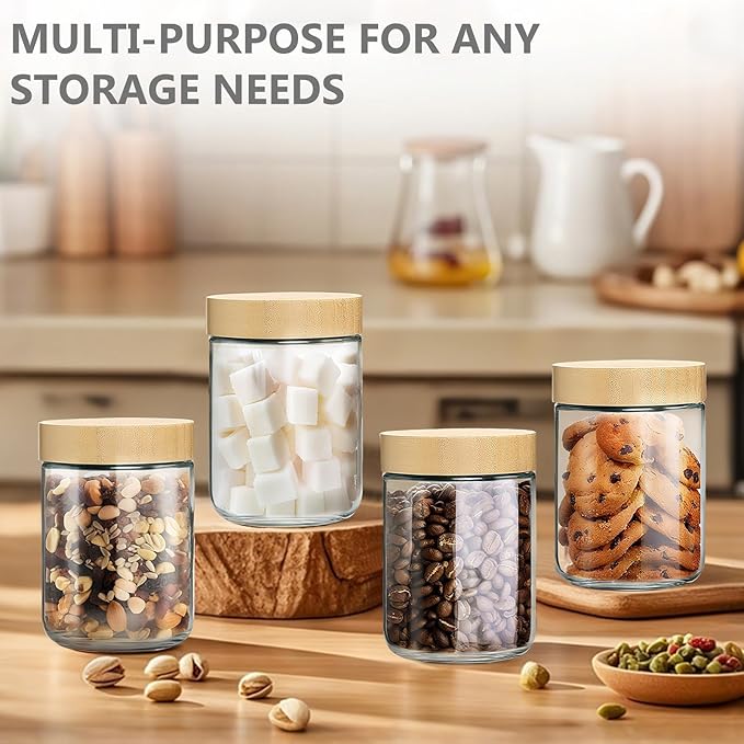 4 Pack 16oz Glass Jars with Bamboo Lids, Spoons, Airtight Overnight Oats Containers, Wide Mouth Mason Jars, Food Storage Container for Yogurt Salad Snacks Spice Sugar Meal Prep – Reusable