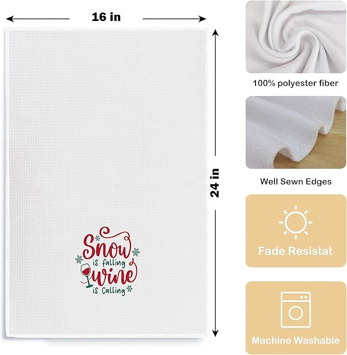 Christmas Wine Kitchen & Hand Towels - Snow is Falling, Wine is Calling - Dish & Tea Towels for Kitchen & Bathroom Decor - 16 x 24 Inches