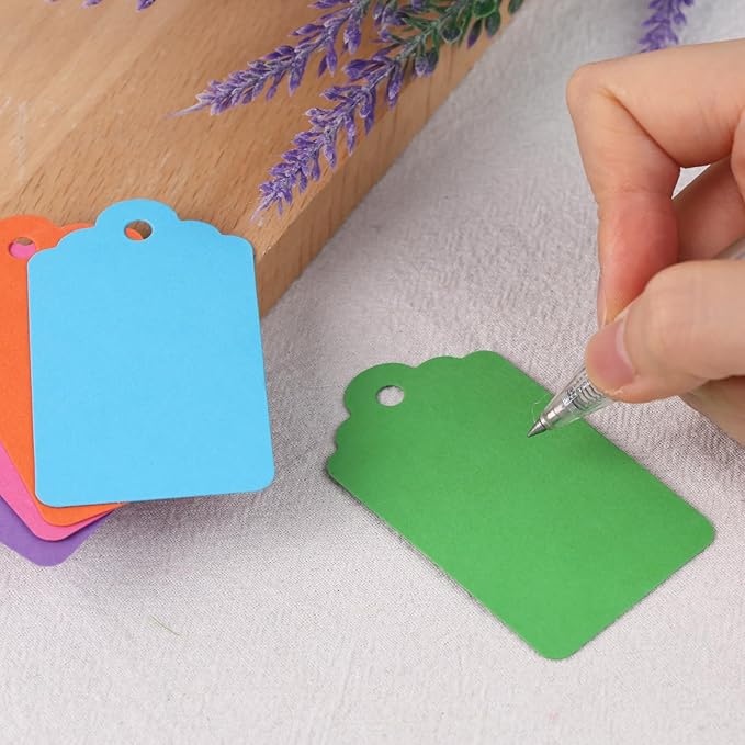 SallyFashion 120PCS Gift Tags with String Attached, 1.6 x 2.8 inch Colored Paper Hang Tags for Clothes DIY Crafts Wedding Holiday