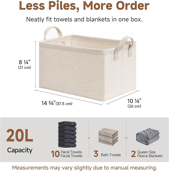 StorageWorks Storage Bins, Shelves Baskets for Organizing, Fabric Closet Organizers with Handles, Metal Frame, Beige(Cotton-linen), 2-Pack