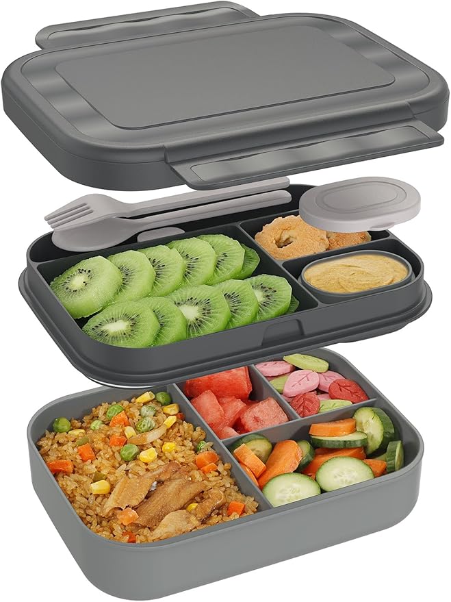 Caperci Bento Box Adult Lunch Box - Stackable Leakproof 47oz Lunch Containers for Adults with Sauce Container - Idea for Office, On-the-go, Microwave/Dishwasher Safe, BPA Free (Black)