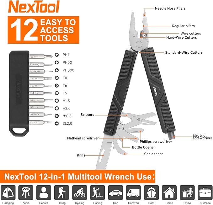 NexTool Gemini, Multi Tool, Multitool Knife with Electric Screwdriver, Needle Nose pliers, Scissors and Bottle Opener, 4mm Bit Set for Small Electronics, RC car, Drones, Glasses Assemble, Unique Gifts