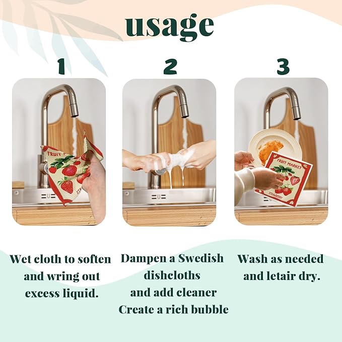 Swedish Dishcloths for Kitchen, Pink Strawberries Peach Orange Lemon Swedish DishCloths for Summer Friut Market, 4 Pack Dish Towels for Kitchen, Papaya Reusable Paper Towels Washable