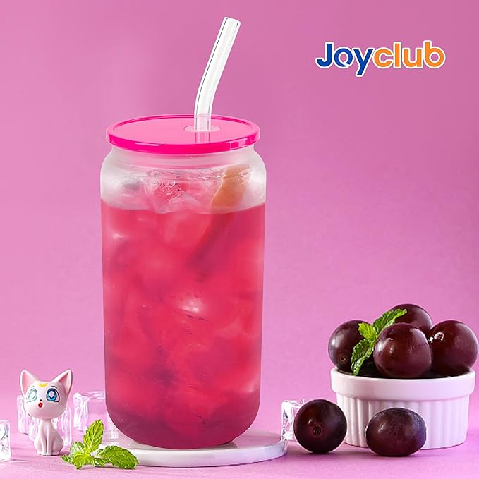 Joyclub 4 Pack Acrylic Lids for 16 oz Glass Cups with Bamboo Lids and Straws Reusable Iced Coffee Cup Beer Can Drinking Glasses for Smoothie Whiskey Boba Soda Tea Gift (Rose Red)
