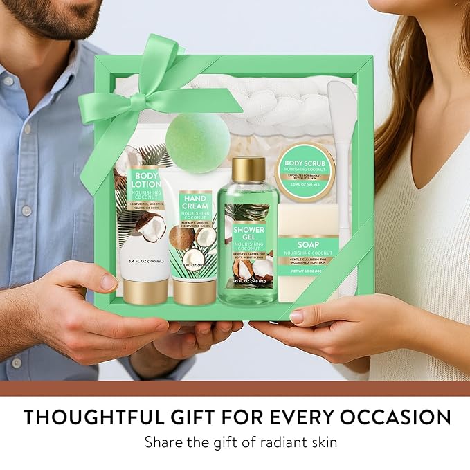 Premium Coconut Christmas Spa Gift Baskets for Women, 8 Piece Luxury Bath Set with Bubble Bath & Bath Bombs, Tropical Gift for Her, Anniversary or Birthday Present - Body Scrub, Lotion, Hand Cream