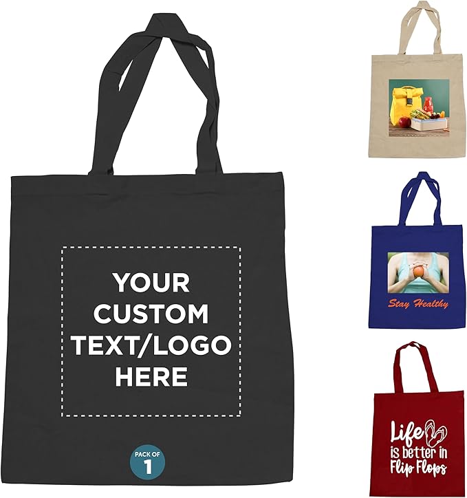 DISCOUNT PROMOS Custom Cotton Canvas Tote Bags Set of 1, Personalized Text, Logo, Picture - Reusable, Great for Shopping, Grocery, Beach, Picnic, Wedding Favors - Black
