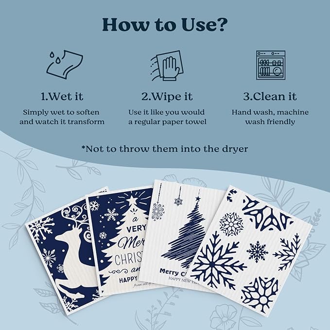 Swedish Dishcloths for Kitchen, Christmas Xmas Tree Snowflake Blue Kitchen Dish Towels for Washing Dishes, 4 Pack Reusable Paper Towels, Sponge Cloths for Holiday Home Cleaning Baking Cooking
