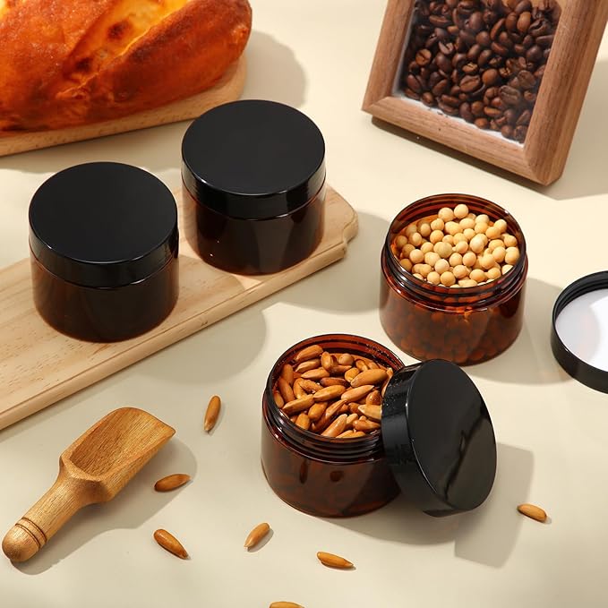 Patelai 4 Pieces Round Wide-mouth Leak Proof Plastic Container Jars with Lids for Travel Storage Makeup Beauty Products Face Creams Oils Salves Ointments DIY Making(4 Ounce,Amber)