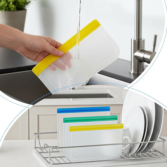 32 Pack Reusable Storage Bags, 3 Sizes Leakproof Food Bags, Dishwasher Safe BPA-Free Sandwich Snack Gallon Bag for Milk Bread Fruit Vegetable Meat Cookie, 3 Colors