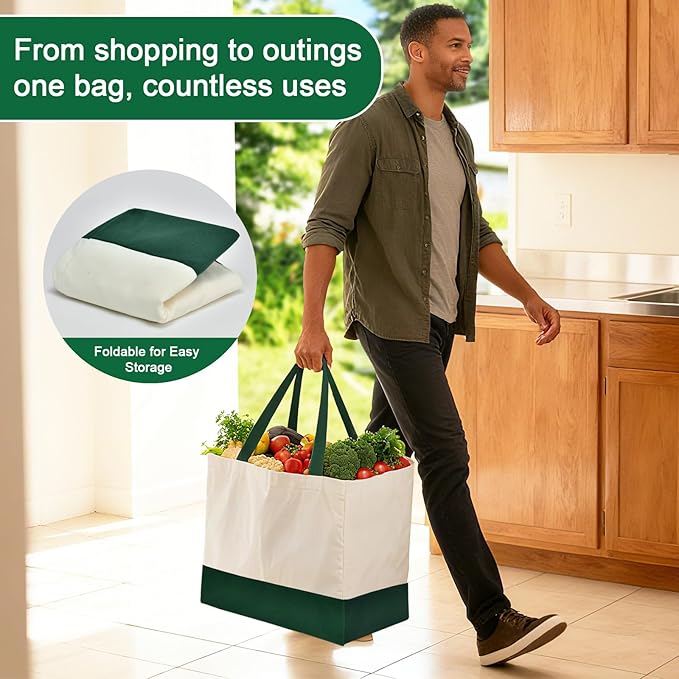 Reusable Grocery Bags Heavy Duty, 8.3 gal Foldable Large Canvas Tote Bag with Handles, Holds 60 lbs Canvas Shopping Bags, 1 Pack(Retro Green)