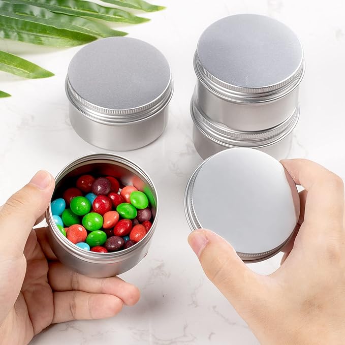 Patelai Silver Christmas Aluminum Tin Cans 24 Pcs 4 oz Round Metal Tin Jar Containers Refillable Aluminum Storage Cans with Screw Lid and 10 Sheets Label Sticker for Salve Spice Candy Candle