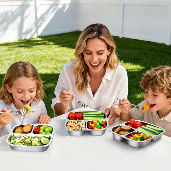 RAOOKIF Stainless Steel Snack Containers With Lids, 3 Compartment Leak-proof Food Storage Containers, 20 oz Reusable Grab and Go Snack Box for School, Home, Office, and Camping, Dishwasher-Safe