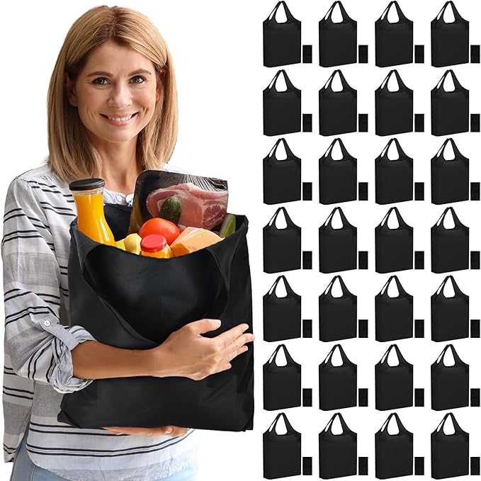 100 Pack Reusable Grocery Bags Bulk Polyester Shopping Bags Foldable Shopping Tote Pouch for Grocery 50 Lbs Washable(Black)