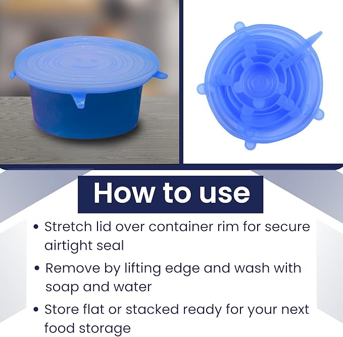 Silicone Stretch Lids - Bowl Covers - Reusable Food Storage - Microwave Safe Silicone Lids - Food, Can Covers - Kitchen Gadgets - Dishwasher Safe Elastic - Pack of 6