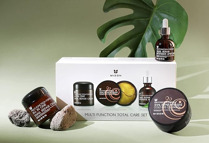 MIZON Multifunction Total Care Set Skincare routine with 24K Gold Snail Eye Patches (30 pairs) All in One Snail Repair Cream (2.53Fl Oz) and Snail Repair Intensive Ampoule (1.01Fl Oz)