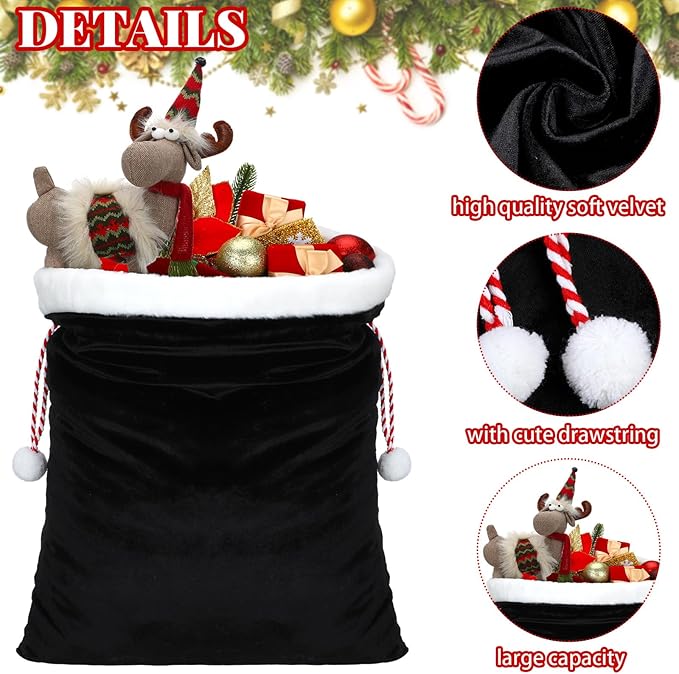 Shappy 2 Pieces Christmas Velvet Santa Bags with Drawstring in 2 Size Large Christmas Bags Santa Gift Sack for Xmas Playing Present Toy(Black)